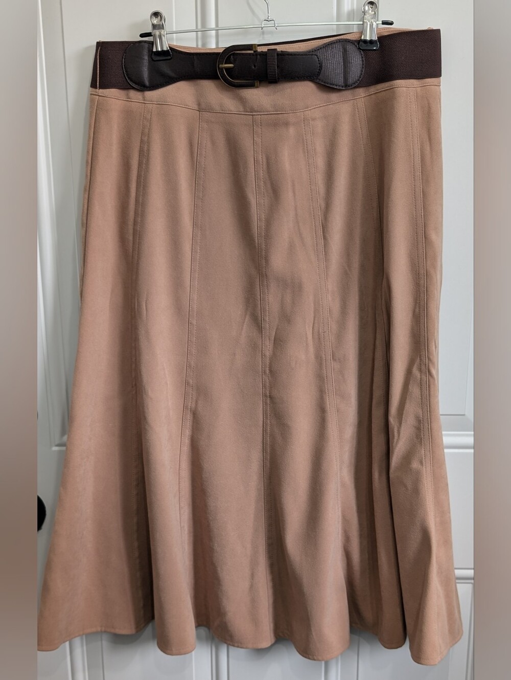 Dressbarn Tan Faux-Suede Panelled Midi Skirt with Belt - Size 8